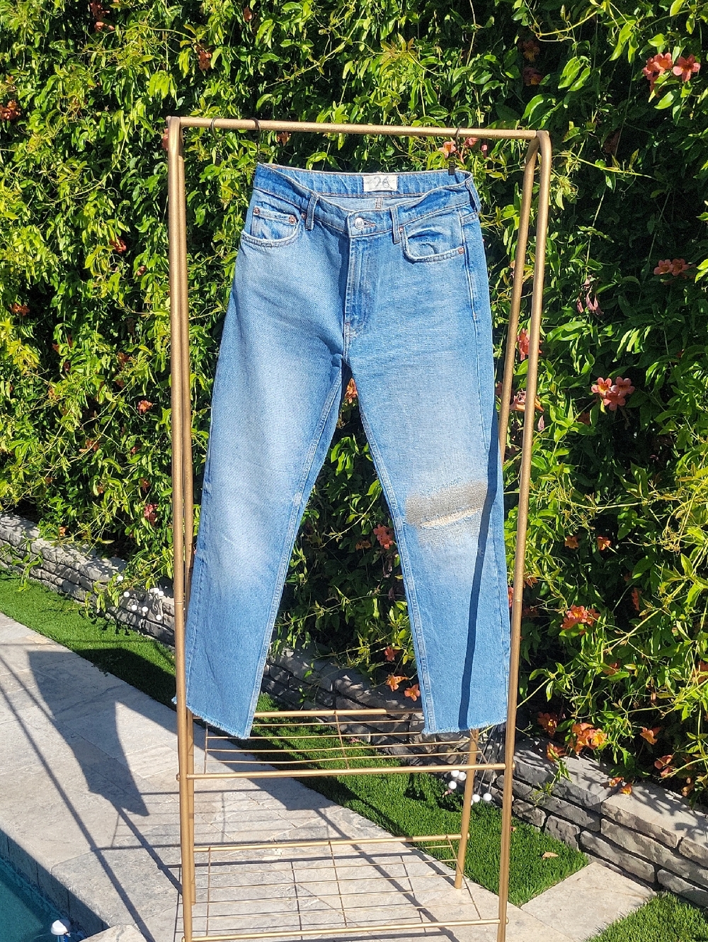 We The Free Light Blue High Rise Straight Leg Distressed Patch Jeans 26